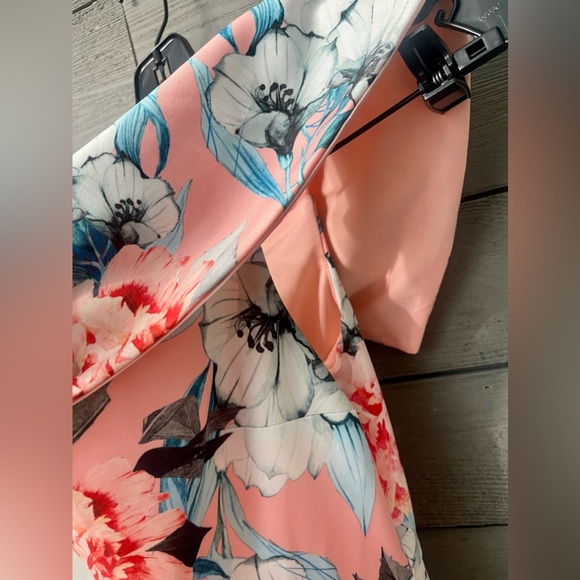 ASOS Pink Blue Floral One Shoulder Scuba Asymmetrical Peplum MIDI Dress Sz US8 - Picture 6 of 15